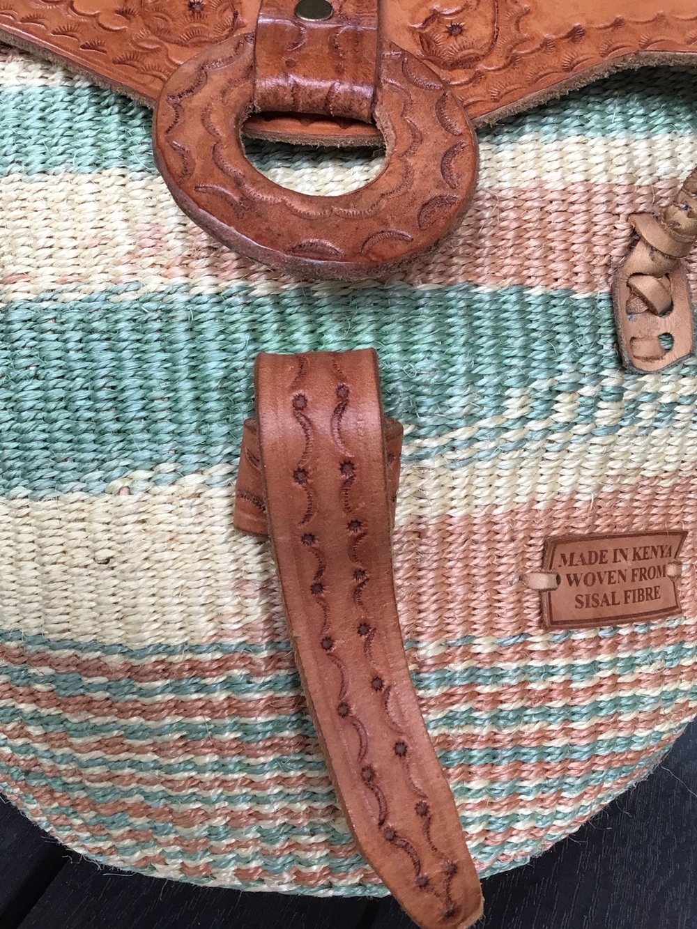 Made in Kenya Woven From Sisal Fibre Tote with Leather Trim - Tan & Green Coral - Picture 8 of 16